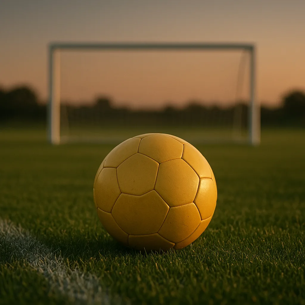 Bola de futebol amarela sobre o gramado, com a trave ao fundo